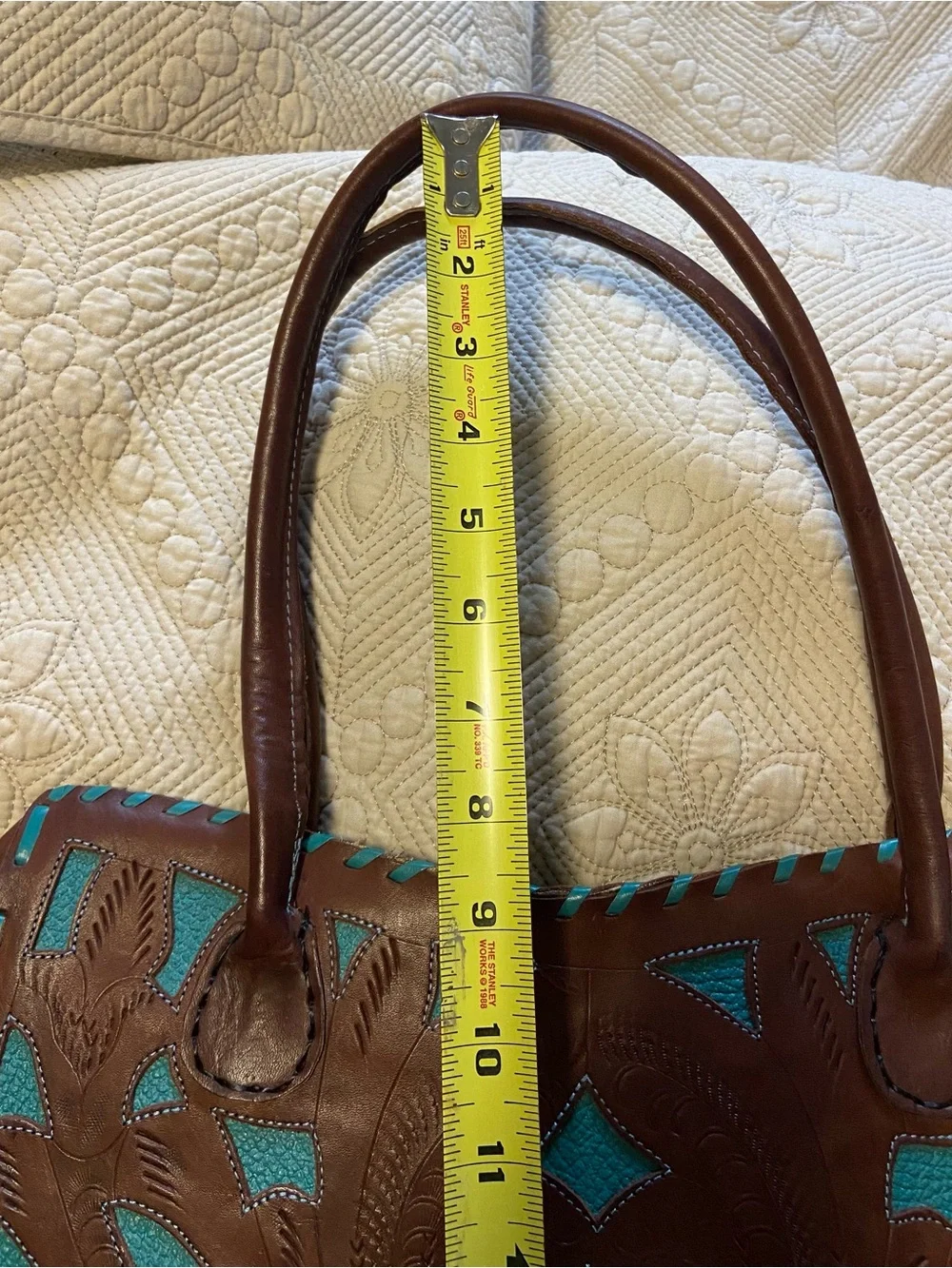 Leaders in Leather Paraguay Handbag Hand Tooled Cutout Satchel Brown Teal EUC